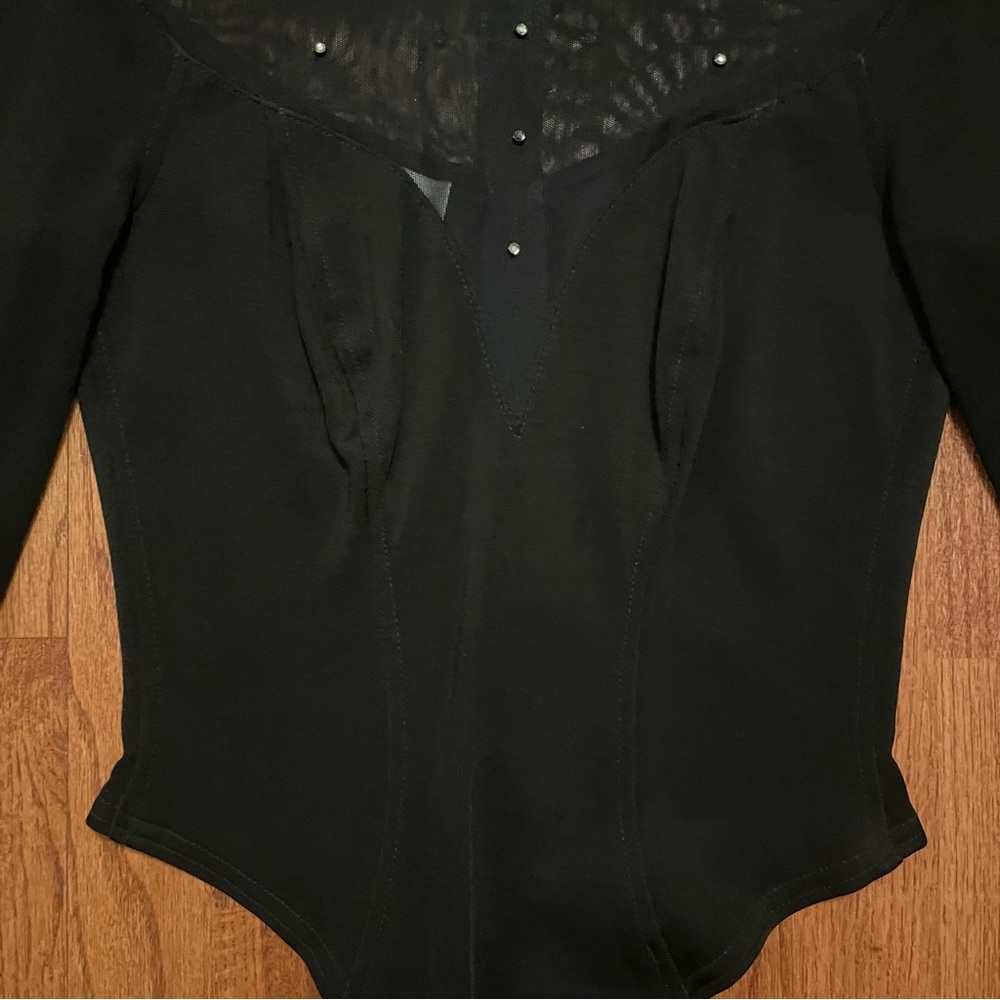 Tadashi Black Long Sleeve Rhinestone Embellished Mesh Thong Bodysuit size M - Picture 5 of 14